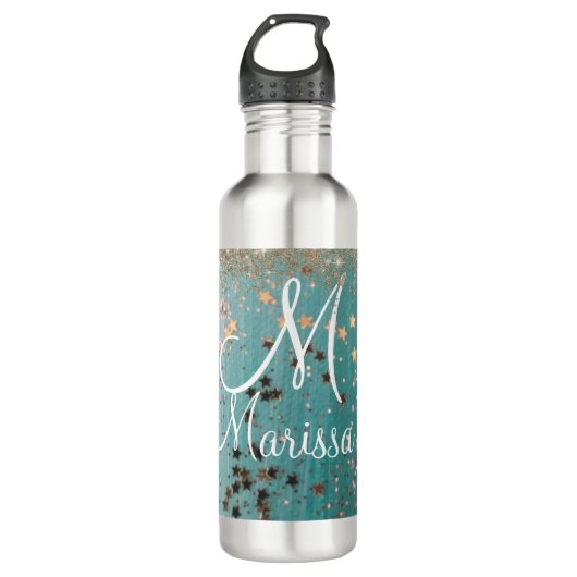 Monogram Gold Stars auf Aquamarin Stainless St Edelstahlflasche (Vorderseite)