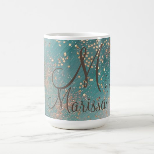 Monogram Gold Stars auf Aquamarinem Glitzer Kaffeetasse (Mittel)