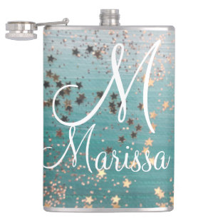 Monogram Gold Stars auf Aquamarinen Flachmann