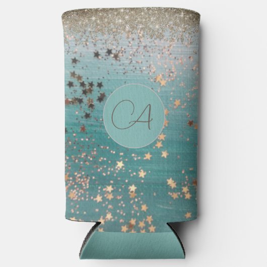 Monogram Gold Stars auf Aquamarinen Selters Dosenkühler (Vorderseite)