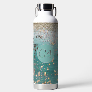 Monogram Gold Stars auf Aquamarinen Trinkflasche