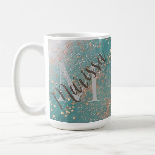 Monogram Gold Stars auf der Aquamarin Coffee Tasse (Links)
