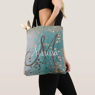 Monogram Gold Stars auf der Aquamarin Totbeutel Tasche