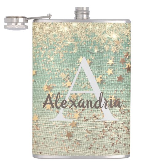 Monogram Gold Stars auf Sea Green Flask Flachmann (Geöffnet)
