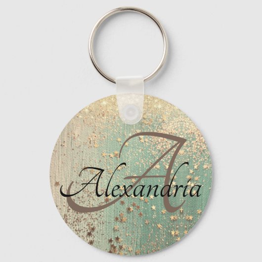 Monogram Gold Stars auf Sea Green Schlüsselanhänger (Vorderseite)