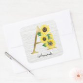 Monogram Gold Sunflower Girly Floral Initial A Quadratischer Aufkleber (Umschlag)