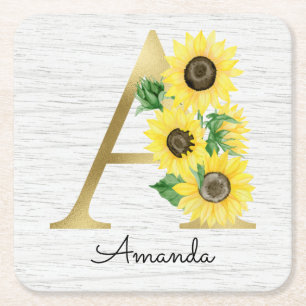 Monogram Gold Sunflower Girly Floral Initial A Rechteckiger Pappuntersetzer