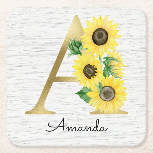 Monogram Gold Sunflower Girly Floral Initial A Rechteckiger Pappuntersetzer (Vorderseite)