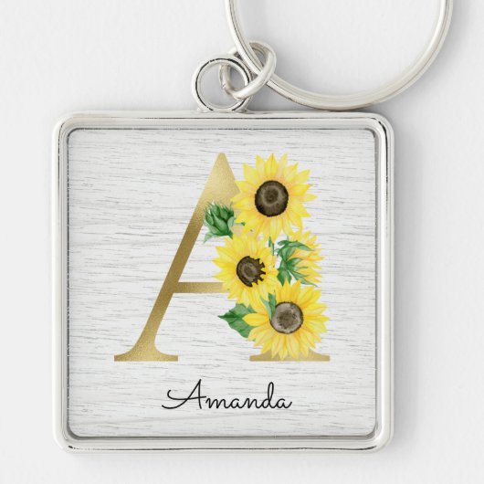 Monogram Gold Sunflower Girly Floral Initial A Schlüsselanhänger (Vorne)