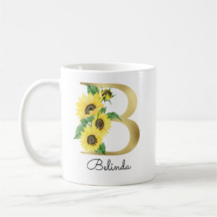 Monogram Gold Sunflower Girly Floral Initial B Kaffeetasse