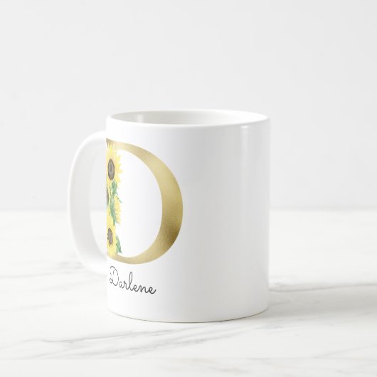 Monogram Gold Sunflower Girly Floral Initial D Kaffeetasse (Vorderseite Links)