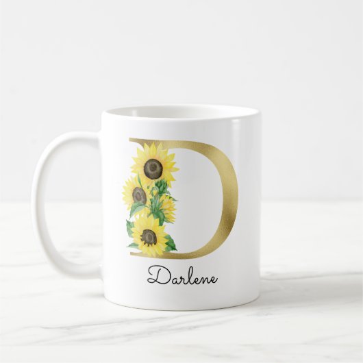 Monogram Gold Sunflower Girly Floral Initial D Kaffeetasse (Links)
