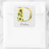 Monogram Gold Sunflower Girly Floral Initial D Quadratischer Aufkleber (Tasche)