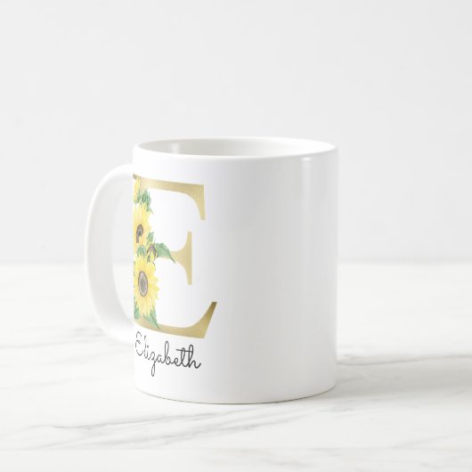 Monogram Gold Sunflower Girly Floral Initial E Kaffeetasse (Vorderseite Links)