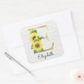 Monogram Gold Sunflower Girly Floral Initial E Quadratischer Aufkleber (Umschlag)