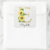 Monogram Gold Sunflower Girly Floral Initial E Quadratischer Aufkleber (Tasche)
