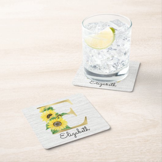 Monogram Gold Sunflower Girly Floral Initial E Rechteckiger Pappuntersetzer (Vor Ort)