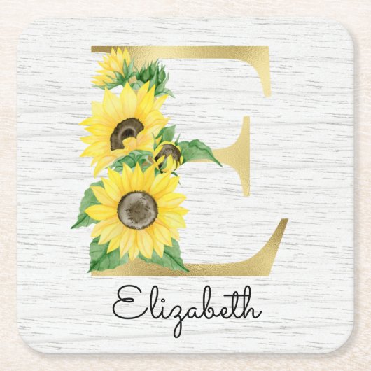 Monogram Gold Sunflower Girly Floral Initial E Rechteckiger Pappuntersetzer (Vorderseite)