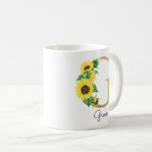Monogram Gold Sunflower Girly Floral Initial G Kaffeetasse (VorderseiteRechts)