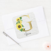 Monogram Gold Sunflower Girly Floral Initial G Quadratischer Aufkleber (Umschlag)