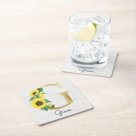 Monogram Gold Sunflower Girly Floral Initial G Rechteckiger Pappuntersetzer (Vor Ort)