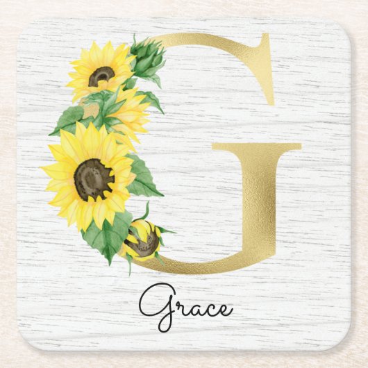 Monogram Gold Sunflower Girly Floral Initial G Rechteckiger Pappuntersetzer (Vorderseite)