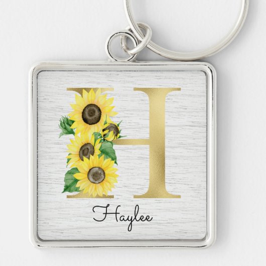 Monogram Gold Sunflower Girly Floral Initial H Schlüsselanhänger (Vorne)