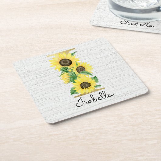 Monogram Gold Sunflower Girly Floral Initial I Rechteckiger Pappuntersetzer (angewinkelt)