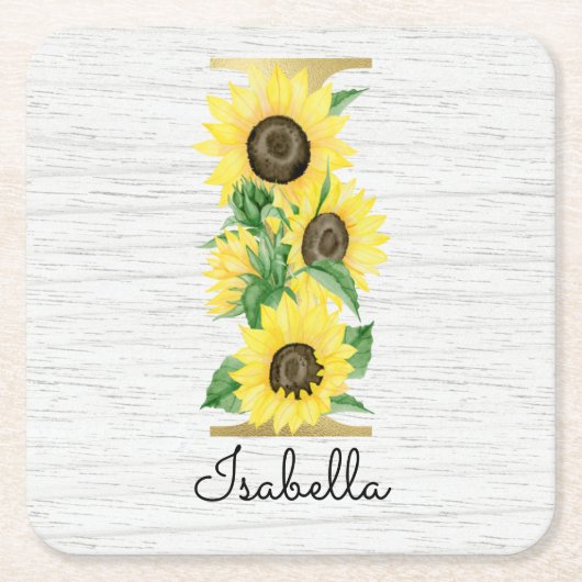 Monogram Gold Sunflower Girly Floral Initial I Rechteckiger Pappuntersetzer (Vorderseite)
