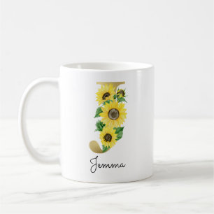 Monogram Gold Sunflower Girly Floral Initial J Kaffeetasse