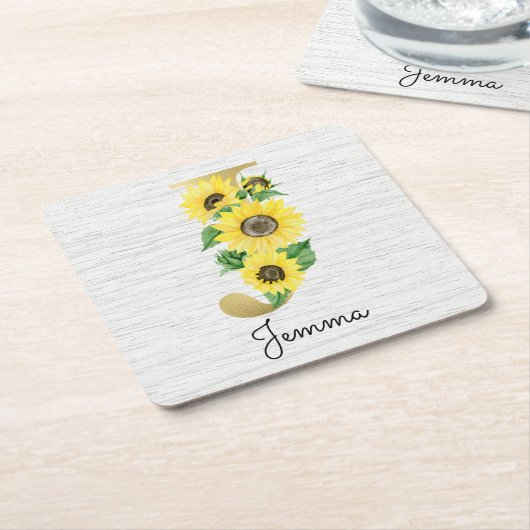 Monogram Gold Sunflower Girly Floral Initial J Rechteckiger Pappuntersetzer (angewinkelt)