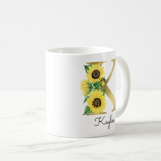 Monogram Gold Sunflower Girly Floral Initial K Kaffeetasse (VorderseiteRechts)
