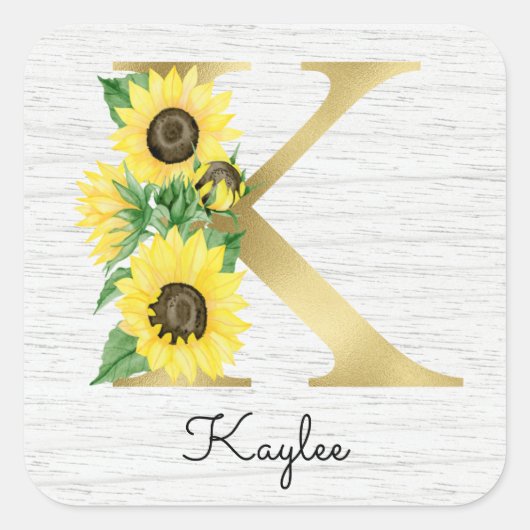 Monogram Gold Sunflower Girly Floral Initial K Quadratischer Aufkleber (Vorderseite)