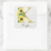 Monogram Gold Sunflower Girly Floral Initial K Quadratischer Aufkleber (Tasche)