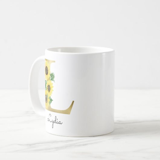 Monogram Gold Sunflower Girly Floral Initial L Kaffeetasse (Vorderseite Links)
