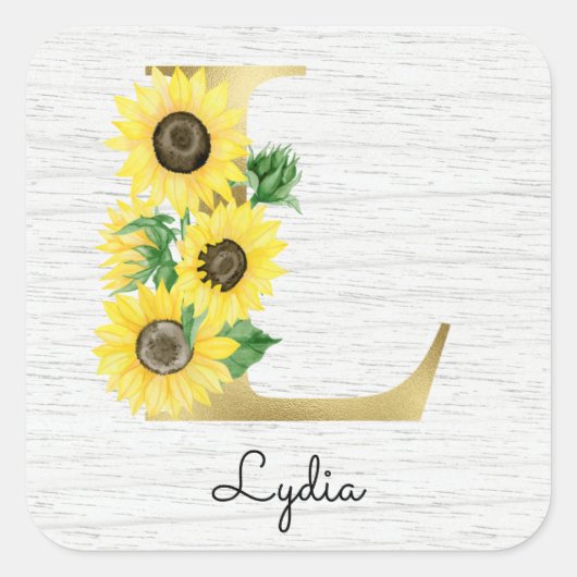 Monogram Gold Sunflower Girly Floral Initial L Quadratischer Aufkleber (Vorderseite)