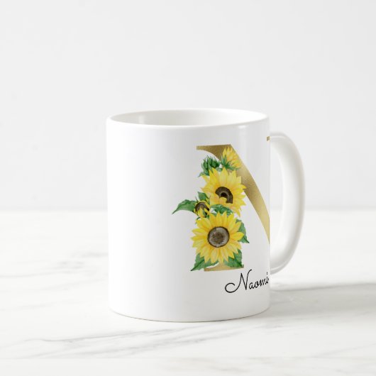 Monogram Gold Sunflower Girly Floral Initial N Kaffeetasse (VorderseiteRechts)