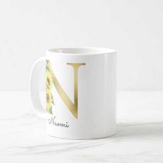 Monogram Gold Sunflower Girly Floral Initial N Kaffeetasse (Vorderseite Links)
