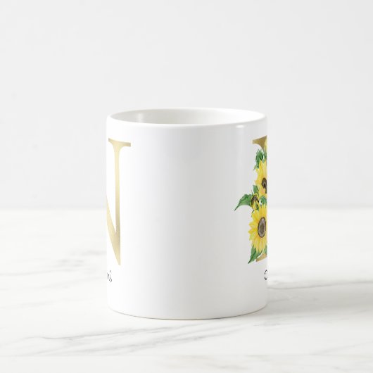Monogram Gold Sunflower Girly Floral Initial N Kaffeetasse (Mittel)