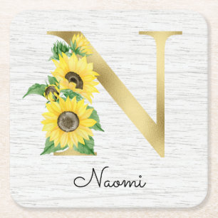 Monogram Gold Sunflower Girly Floral Initial N Rechteckiger Pappuntersetzer