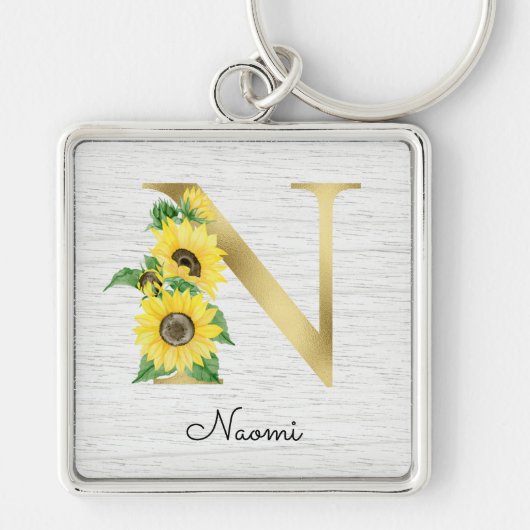 Monogram Gold Sunflower Girly Floral Initial N Schlüsselanhänger (Vorne)