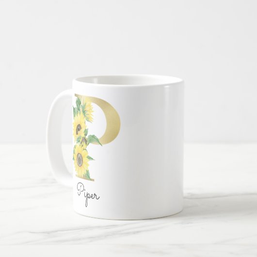 Monogram Gold Sunflower Girly Floral Initial P Kaffeetasse (Vorderseite Links)