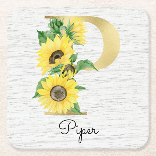 Monogram Gold Sunflower Girly Floral Initial P Rechteckiger Pappuntersetzer (Vorderseite)