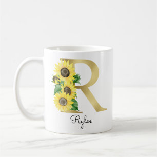 Monogram Gold Sunflower Girly Floral Initial R Kaffeetasse