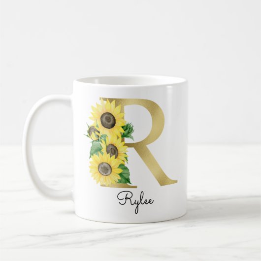 Monogram Gold Sunflower Girly Floral Initial R Kaffeetasse (Links)