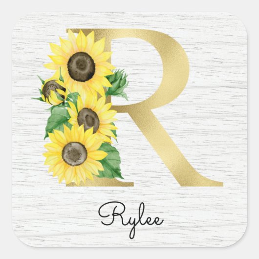 Monogram Gold Sunflower Girly Floral Initial R Quadratischer Aufkleber (Vorderseite)