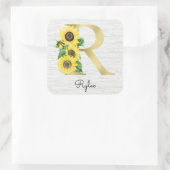 Monogram Gold Sunflower Girly Floral Initial R Quadratischer Aufkleber (Tasche)