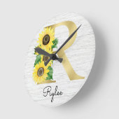 Monogram Gold Sunflower Girly Floral Initial R Runde Wanduhr (Winkel)