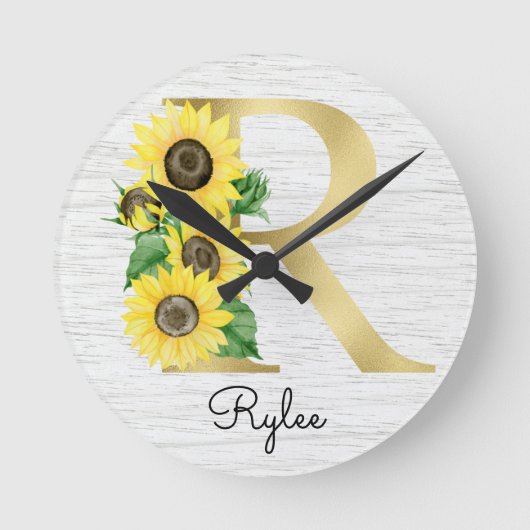 Monogram Gold Sunflower Girly Floral Initial R Runde Wanduhr (Vorderseite)