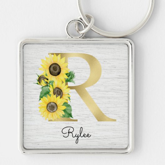 Monogram Gold Sunflower Girly Floral Initial R Schlüsselanhänger (Vorne)